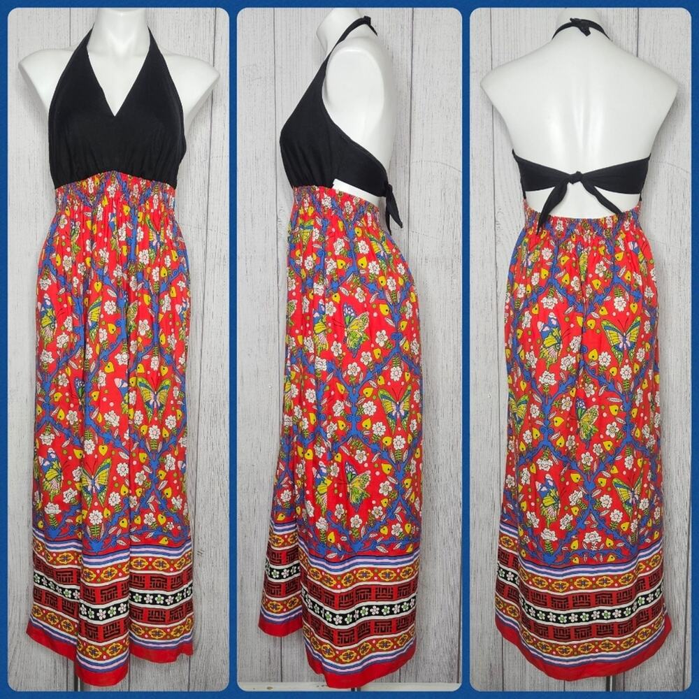 VTG Handmade Butterfly Flower Maxi Dress with Halter Open Back, size S/M
